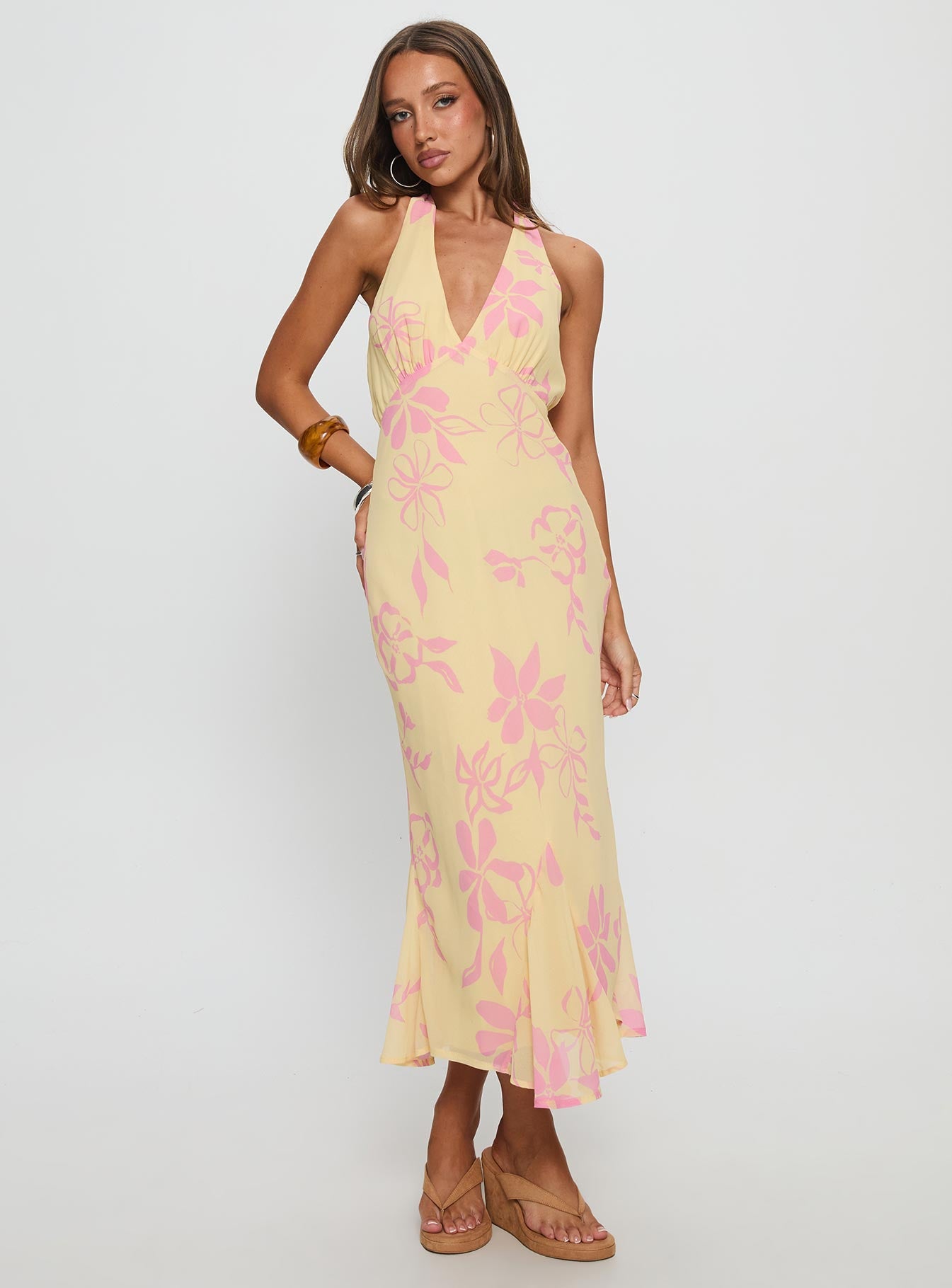 Alayla Halter Midi Dress Yellow Floral – Lumelighting